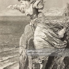 The lover's leap, a  young woman commits suicide by jumping off a cliff, drawing by Marcus Stone (1840-1921), illustration from the magazine The Illustrated London News, volume LXIII, December 13, 1873.